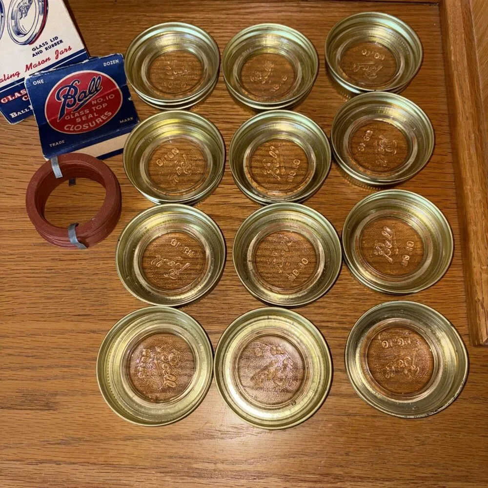 Vintage New Ball No. 10 Glass Top Seal Closures Lids Bands Box 1940s Craft Decor